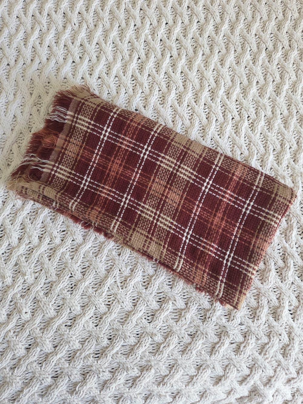 Treasure & Bond Plaid Fringe Scarf in Burgundy and Cream